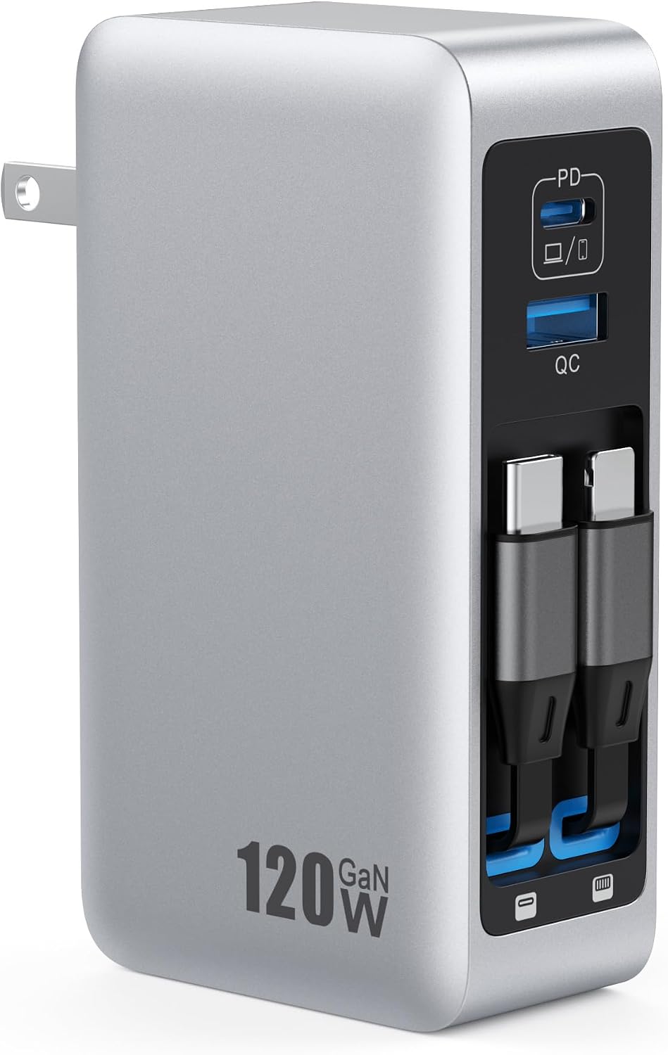 120W USB C Charger Block with 2 Built-in Retractable Cables,4-in-1 GaN IV Foldable Plug Wall Charger Fast Charging Station,PD 65W Laptop Adapter for MacBook/iPad,iPhone 17/16/15/14,Galaxy,Android etc