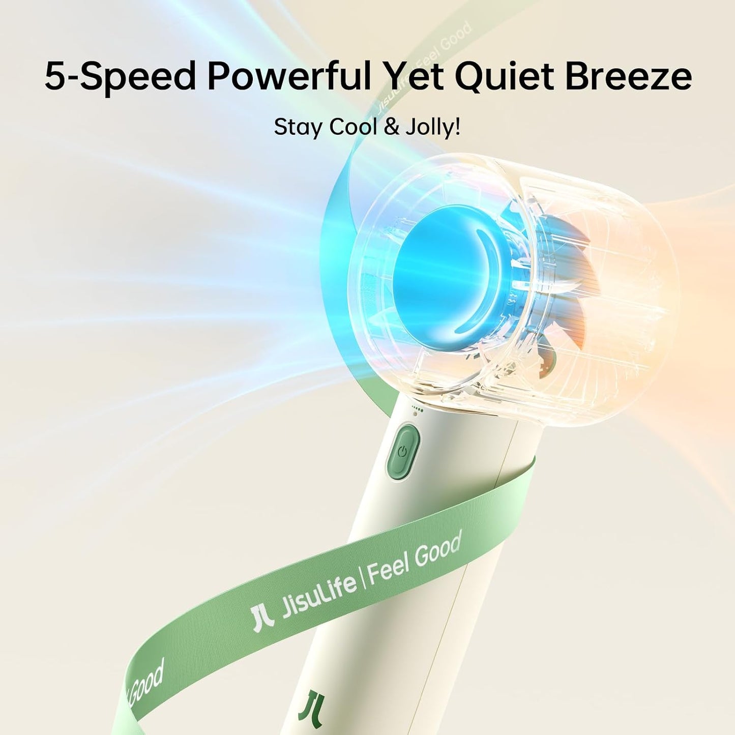 JISULIFE Handheld Turbo Fan, 4000mAh Rechargeable, 5-Speed - Beige | 22H Max Runtime, Powerful Airflow, Ultra-Quiet, with Neck Strap & Stickers Included, Gift for Women, Men & Kids