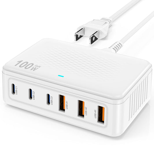 USB C Fast Charger Block, 100W GaN 6 Port Type C Charging Station Hub,Wall Charger Power Strip Adapter Plug Cube Brick Box for Apple iPhone 17 16 15 14 13 12 Pro Max/iPad/Pixel/Samsung Galaxy S25 S24