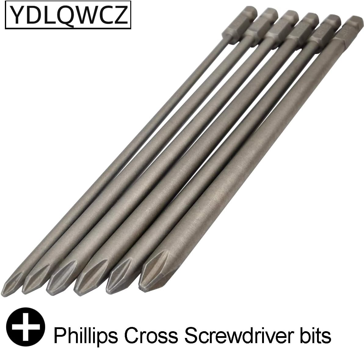 YDLQWCZ Long Phillips Cross Screwdriver Bit Sets PH1(Φ3.0) PH1(Φ4.0) PH1(Φ4.5) PH2(Φ4.5) PH2(Φ5.0) PH2(Φ6.0) 6 Pieces 6 Inch Length S2 Steel Cross Phillips Screwdriver Bit Set(6Pcs Cross Head)