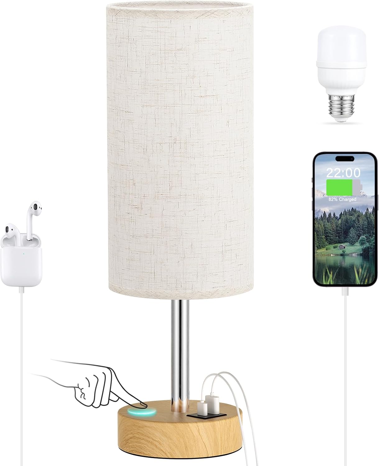 Dicoool Bedside Table Lamp for Bedroom - 3-Way Dimmable Touch Lamp, USB A+C | LED Bulb Included, 14" Small Nightstand Lamp for Desk, Living Room, Guest Room, Cream Fabric Lampshade, Wood-Grain Metal Base