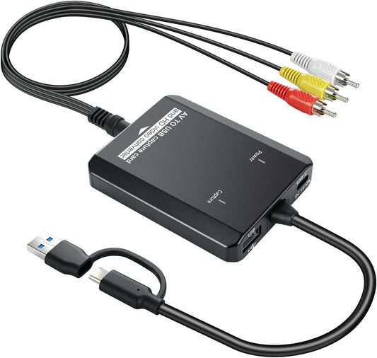 VHS to Digital Capture Card – USB 1080P Video Capture Card with HDMI Loop Out, RCA AV to USB C/A for VCR/Hi8/DVD/PS2/Wii, Analog to Digital Converter, Effortless Record & Preview Old Videos on TV/PC