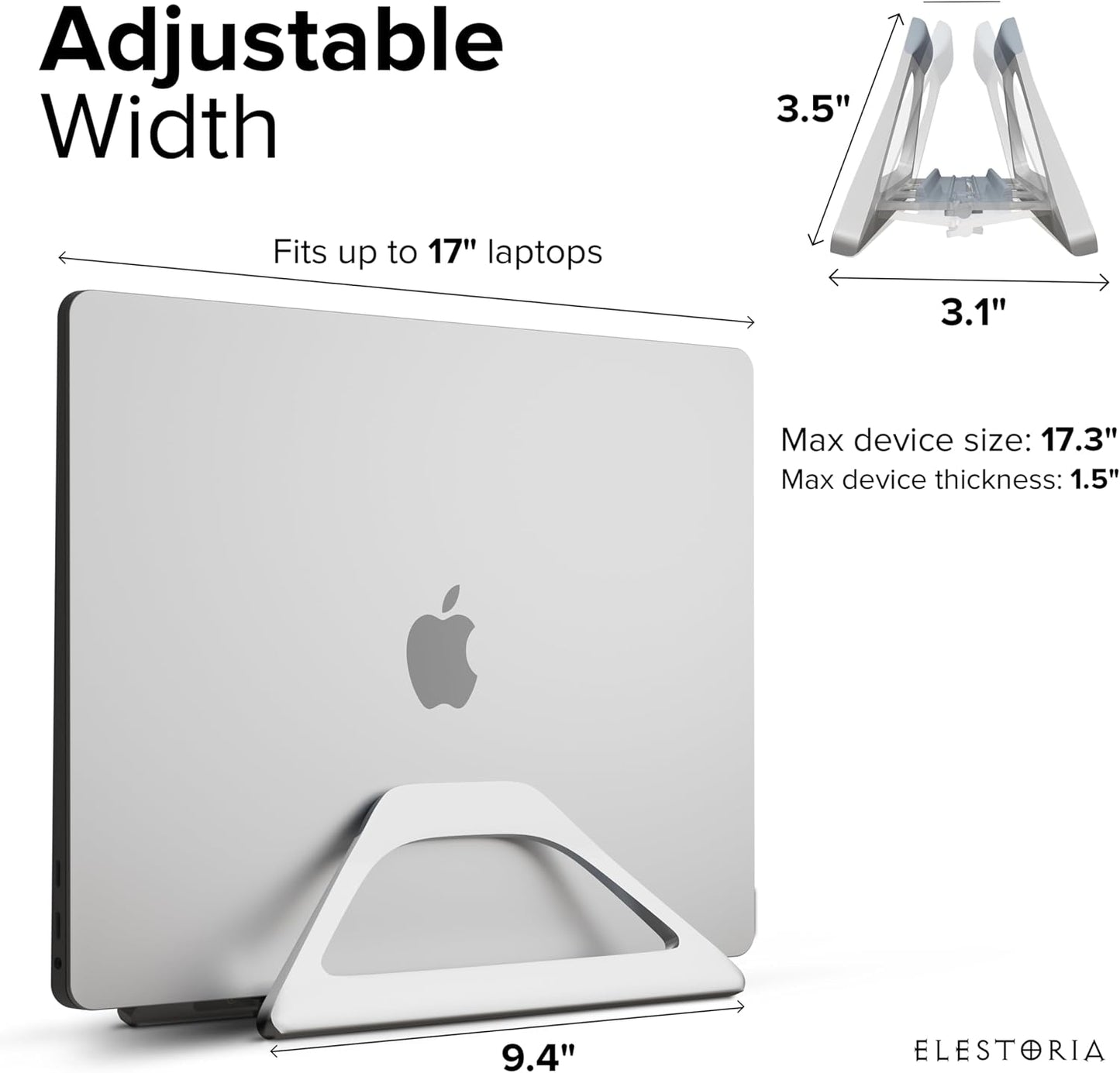 Elestoria Aluminum Vertical Laptop Stand with Gravity Auto-Lock – Adjustable Laptop Holder Vertical fits MacBook Pro/Air, Chromebook & Gaming Laptops up to 17.3" – Space-Saving Desktop Dock - Silver