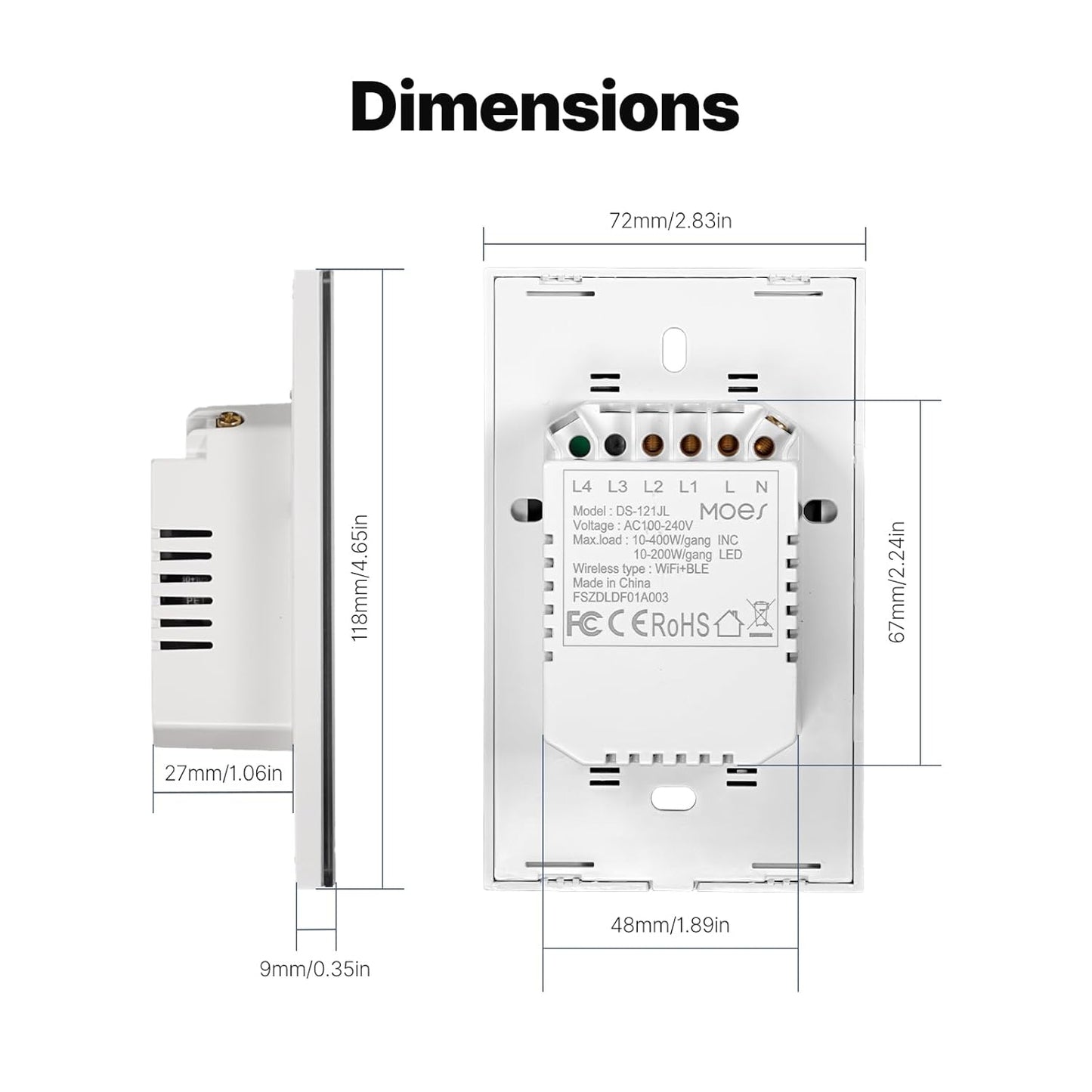 MOES 2nd Generation Smart Touch Wall Switch, 2.4GHz Wi-Fi Single Fire Single Pole Switch, No Neutral Wire Required, Remote MOES APP Control, Compatible with Alexa and Google Home 110V White 1 Gang