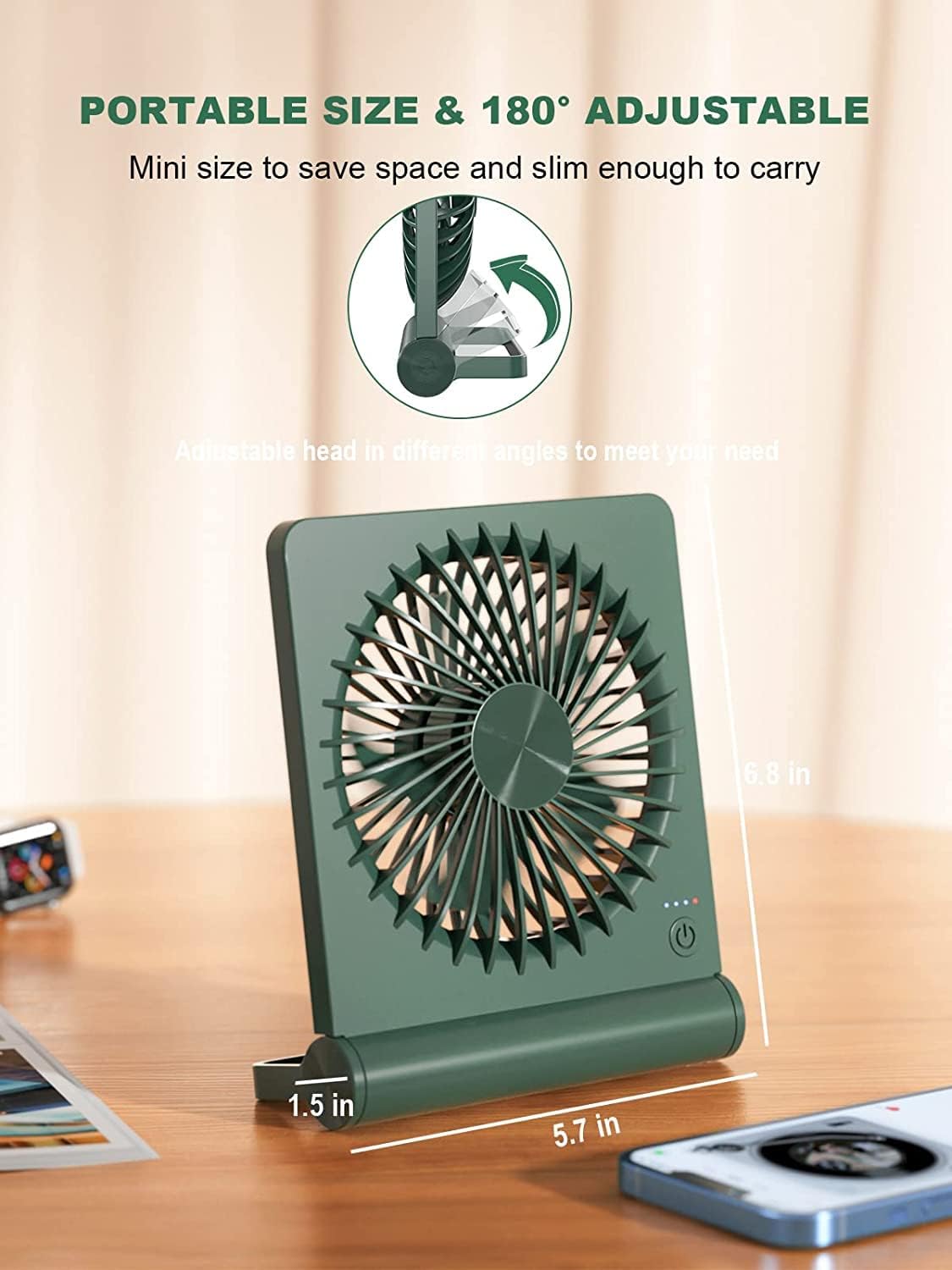 Desk Fan, Rechargeable Battery Operated, 3 Speeds Ultra Quiet Strong Wind | USB-C powered,180° tilt folding.25dB quiet.2000mAh battery:12/8.5/4.5hrs.Portable,personal fan for desk,office,home,bedroom.