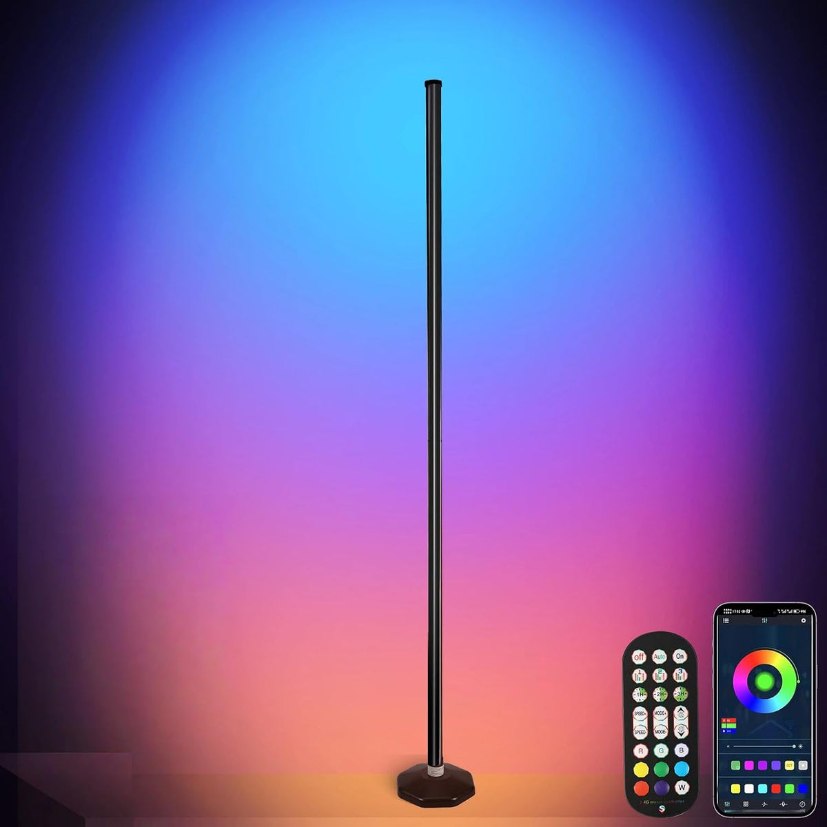 LED RGB Corner Lamp - Smart RGB LED Corner Floor Lamp Adjustable Height with 16 Millon RGBWIC Color Changing Lights 300+ Scene,Music Sync&Timer,Ambient Lighting for Living Room,Bedroom,Game Room