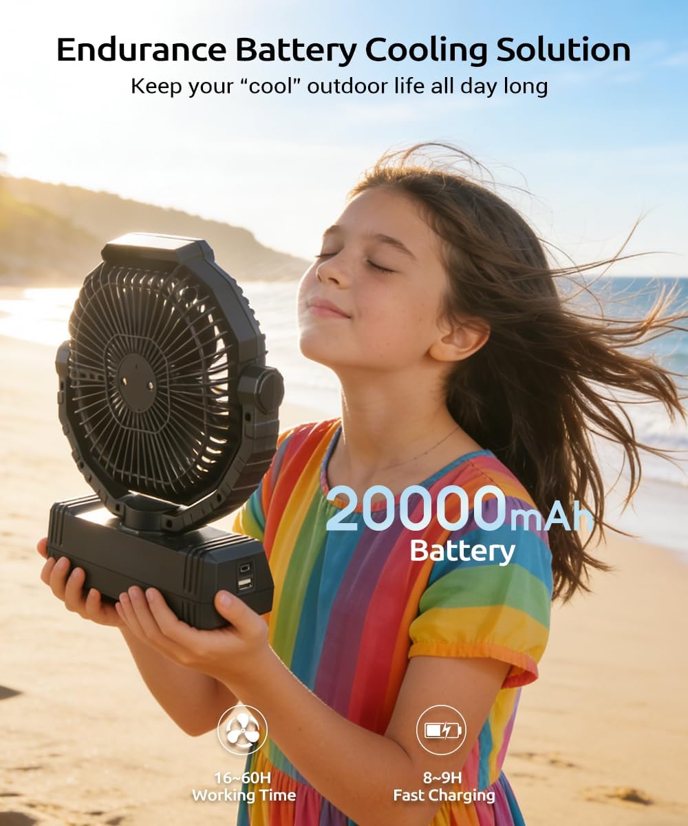 KopBeau Portable Camping Fan, 20000mAh Battery Operated Tent Fan with Light | Up to 60H Run Time, Hanging Hook, LED Lighting & Strong Air Flow, Compact Cordless Fan for Tent, Golf Cart, Beach, RV