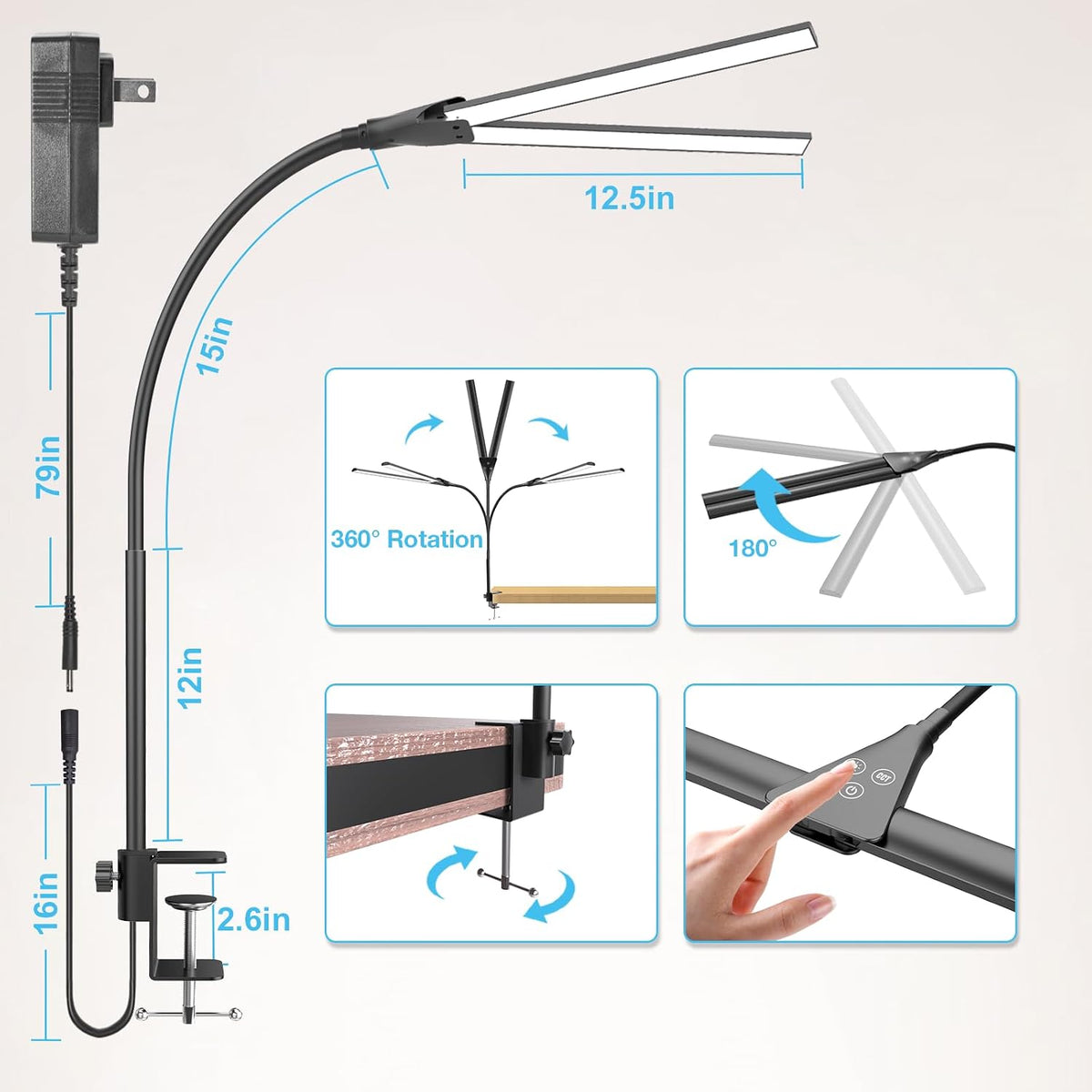Hensam Desk Lamps for Home Office, Adjustable LED Desk Light with Clamp