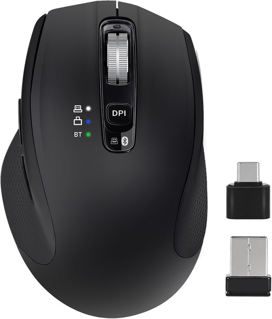 Wireless Bluetooth Mouse with USB-A, USB-C Receiver, Rechargeable, 3-Device, Full-Size, Silent Click, Ergonomic Mice for MacBook/Laptop/Computer/Tablet/PC/iPad-Black
