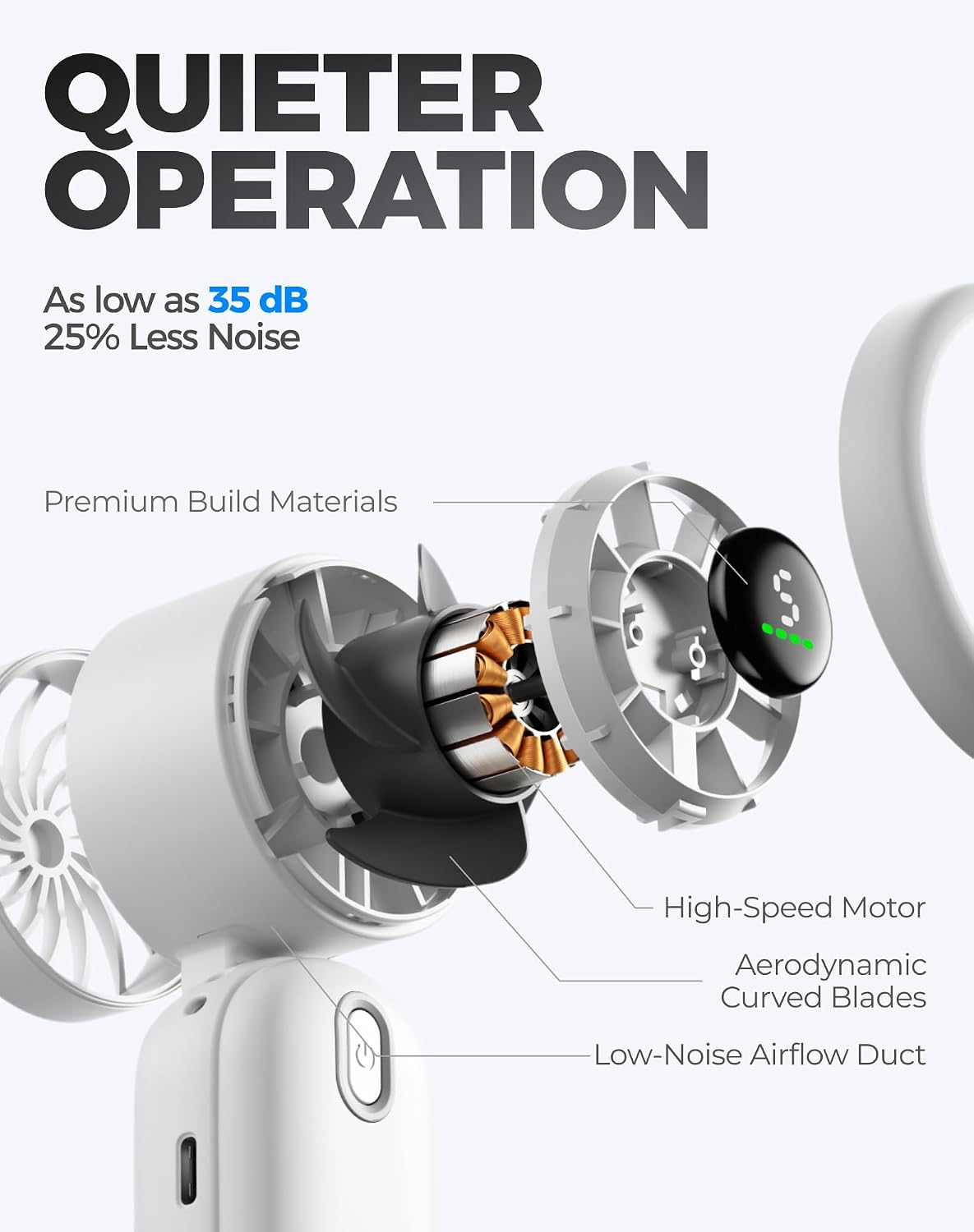 Diveblues Mini Portable Handheld Turbo Fan 27ft/s, 4000mAh Battery | 12H Max Cooling, 5 Speeds, LED Display, Quiet Motor, 3-in-1 Handheld/Neck/Desk Fan for Travel, Cruise & Disney Essentials