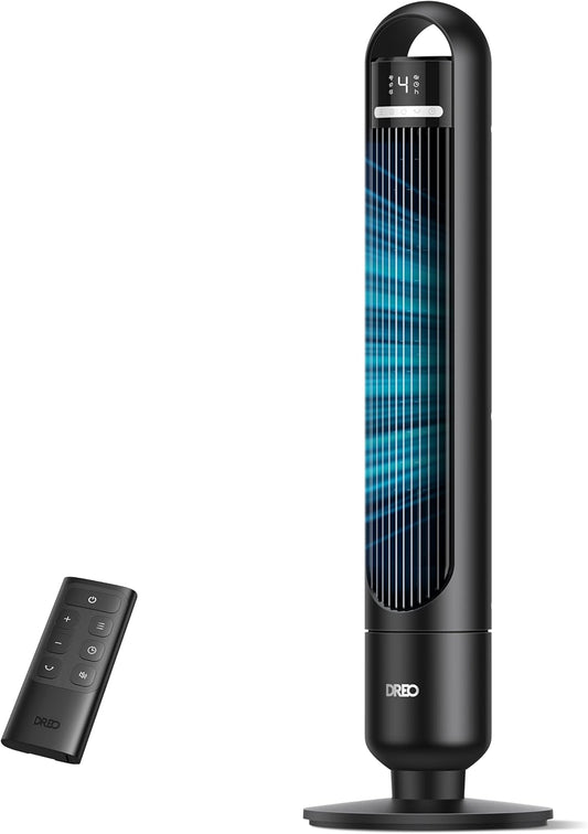 DREO Tower Fan for Bedroom, 26ft/s Velocity, 90° Oscillating, 8H Timer | 4 Speeds, 3 Modes, 28dB Quiet Standing Fan, Floor Fan for Room, Living Room, Office, Home, Cooling Fan with Remote, Black
