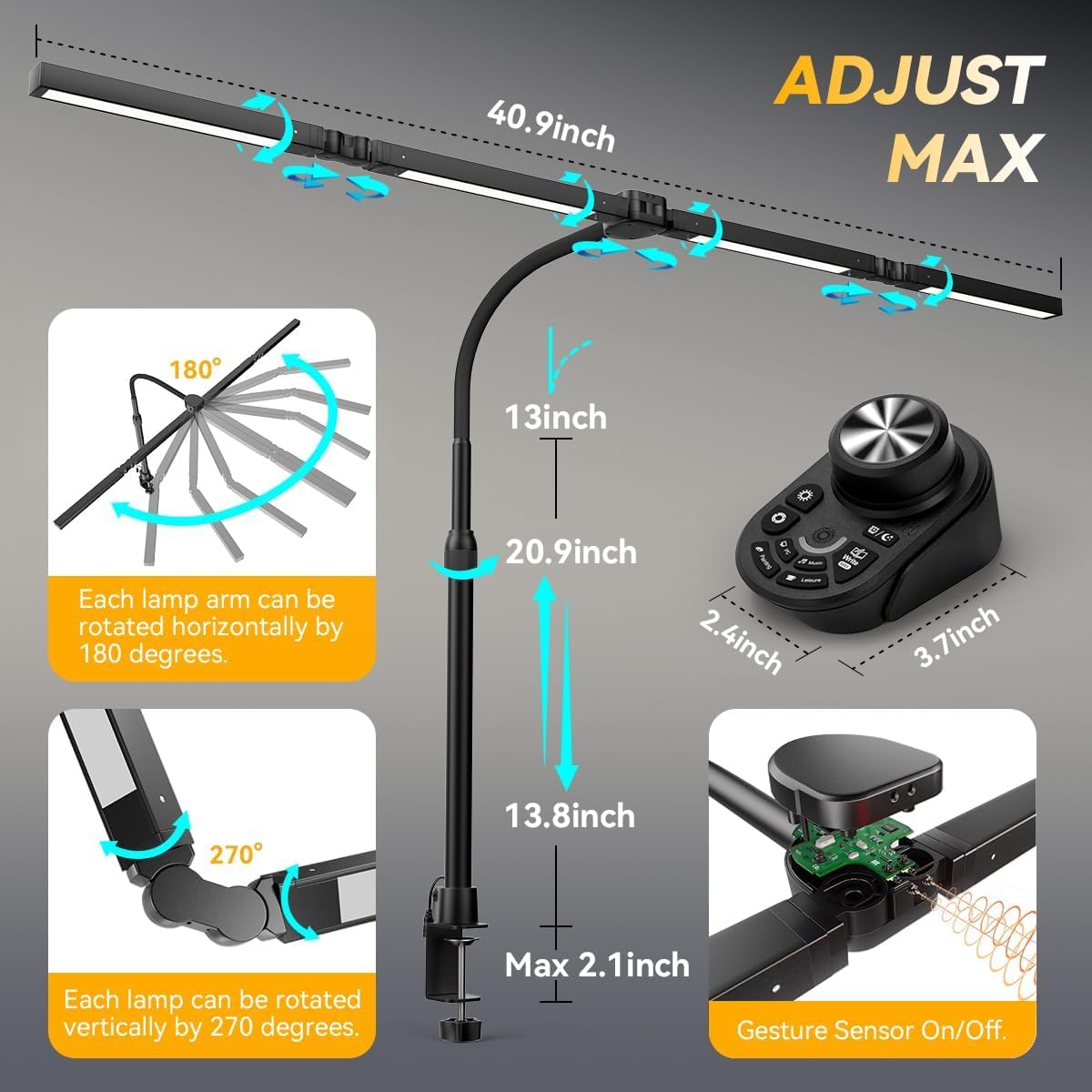 Adjustable LED Desk Lamp with Clamp, 4-Head Eye-Caring CRI95+ Desk Light, Stepless Dimming & Color Temp Remote Control, Flexible Neck, 5-Mode for Reading, Computer, Crafting, 90" Wide Desk Coverage