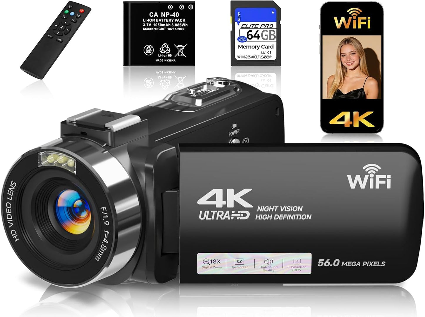 4K Video Camera Camcorder with 64GB SD Card, 56MP WiFi Vlogging Camera for YouTube, IR Night Vision, 3.0" Touch Screen, 18X Zoom, Webcam & Remote, Black