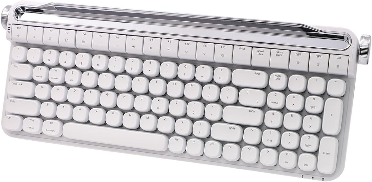 Retro Typewriter Mechanical Keyboard with Tablet Stand, 100 Keys LED Backlit, ABS+PBT Keycaps, Wired/Bluetooth, Blue Switch, Compatible with Windows/Mac/iOS/Android (White)