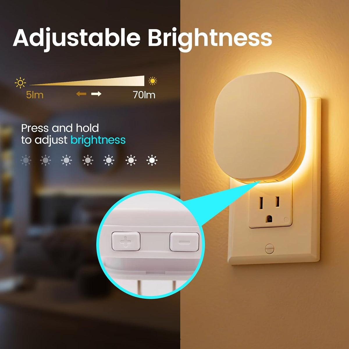 Plug-in LED Backlit Night Light with Motion Sensor & Dusk to Dawn Sensor, 2700K Soft Warm White Nightlight with Dimmable Brightness for Adults & Kids' Bedroom, Bathroom, Hallway, 2 Pack