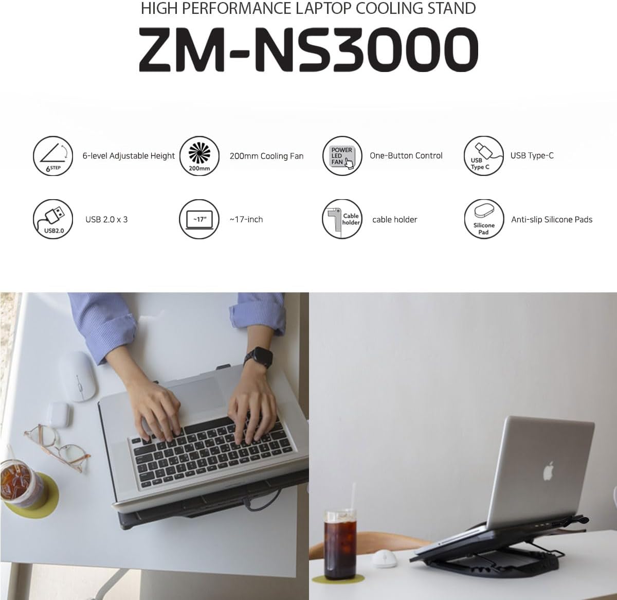 Zalman NS3000 Laptop Cooling Pad Cooler Stand with Powerful 200mm Quiet Fan