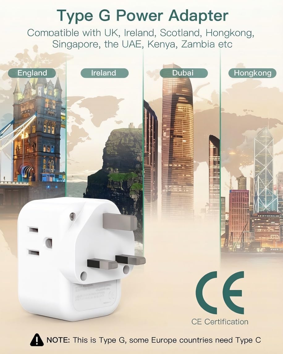 Addtam US to UK Ireland Travel Plug Adapter, Type G Power Plug Adapter with 3 Outlets 3 USB Ports(2 USB C), UK Adapters for Travel for USA to Dubai England London Scotland British Kenya Irish Hongkong