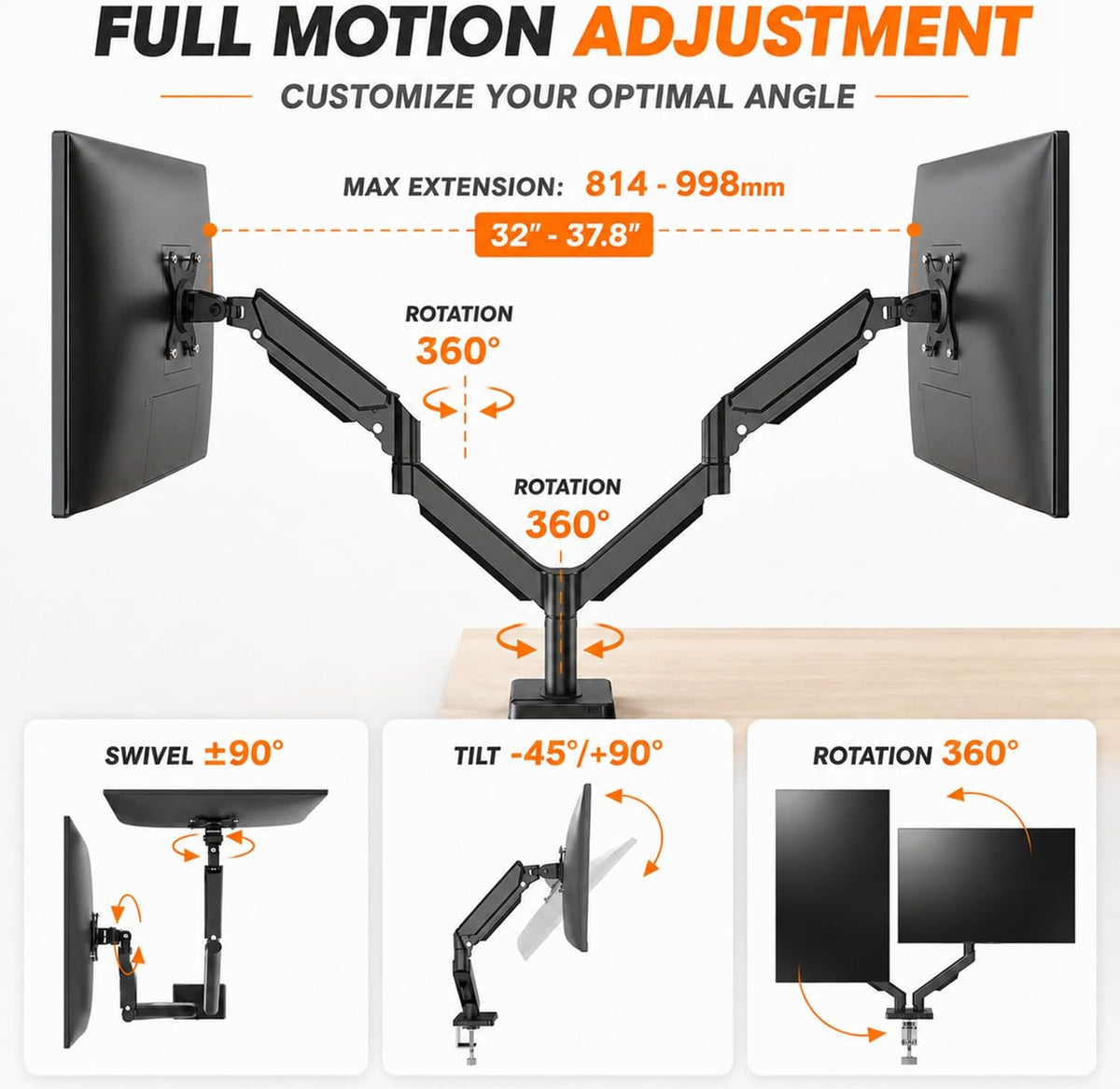 Dual Monitor Arm, Gas Spring VESA Mount Stand for 13‑32 Inch Computer Screens, Full Motion Fully Adjustable with C‑Clamp & Grommet Mounting Base, Each Arm Holds 4.4‑19.8 lbs