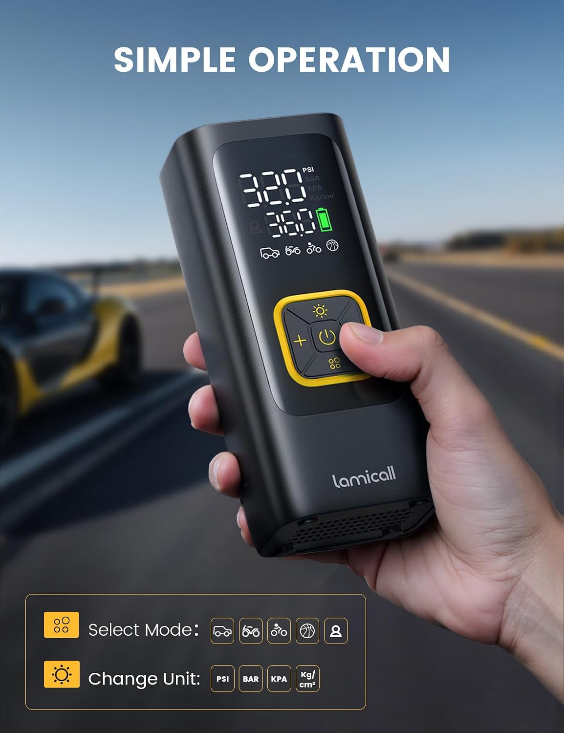 Lamicall Car Tire Inflator Portable Air Compressor, 4X Faster, 150 PSI | with Auto Stop, Rechargeable, Pressure Gauge Display, LED Light, Car Accessories Automatic Air Pump for Motorcycle Bike Ball
