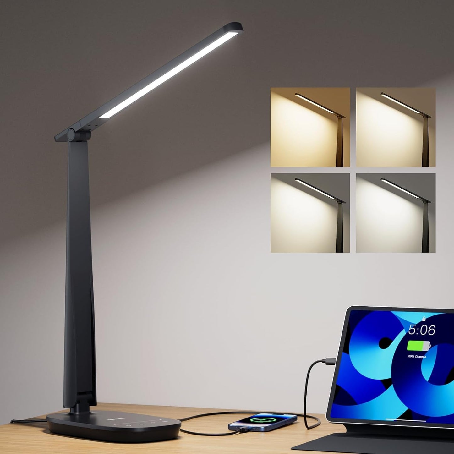 Honeywell LED Desk Lamp for Home Office Eye-Caring Dimmable Reading Light | CRI94,4 Color Modes,Touch Control,USB-A And USB-C Ports,Adjustable Head,Timer,Desk Light for Bedroom Bedside College Dorm