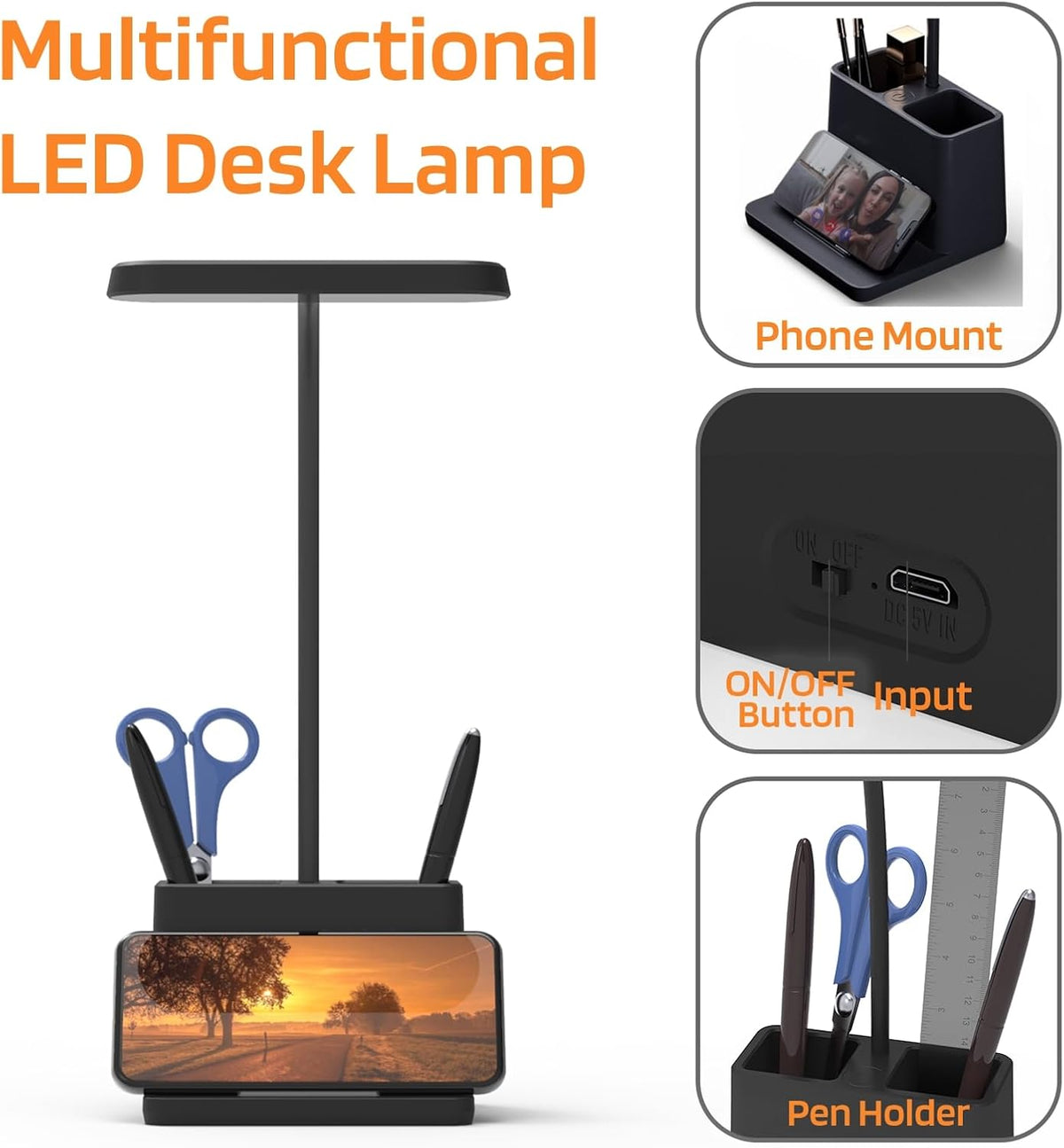 AXX Black LED Desk Lamp, Battery Operated Small Table Light for Dorm Room | Rechargeable, Battery-Powered, Cute, Dimmable, Gooseneck, Pen Holder, Touch Control, for Home Office Bedroom Desktop