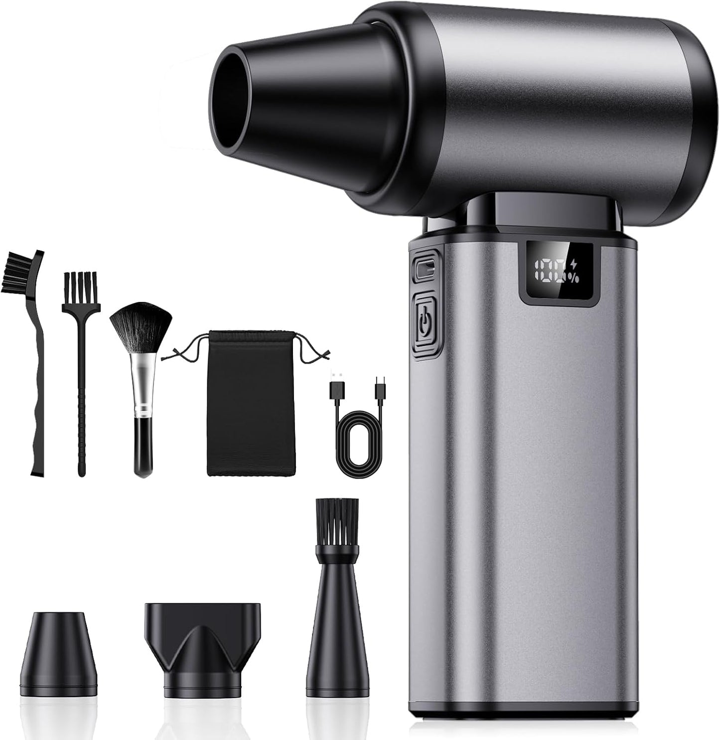 130000RPM Compressed Air Duster,Rechargerble with Brushless Motor | 5-Gear Adjustable,2.5H Fast Charge,3 Nozzles + 3 Brushes,54m/s Wind Speed,185g Wind Pressure，for Car and Keyboard