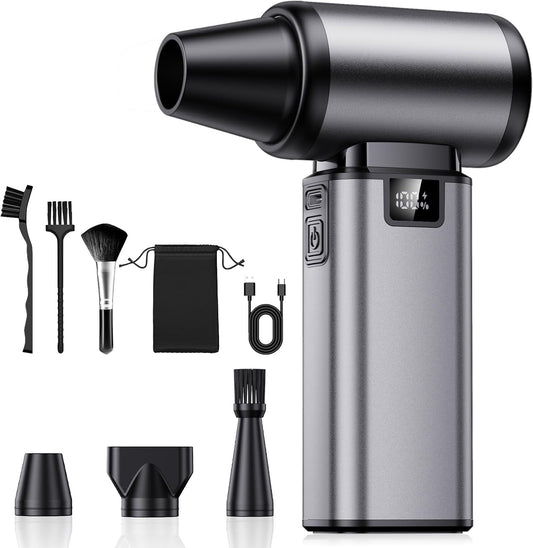 130000RPM Compressed Air Duster,Rechargerble with Brushless Motor | 5-Gear Adjustable,2.5H Fast Charge,3 Nozzles + 3 Brushes,54m/s Wind Speed,185g Wind Pressure，for Car and Keyboard