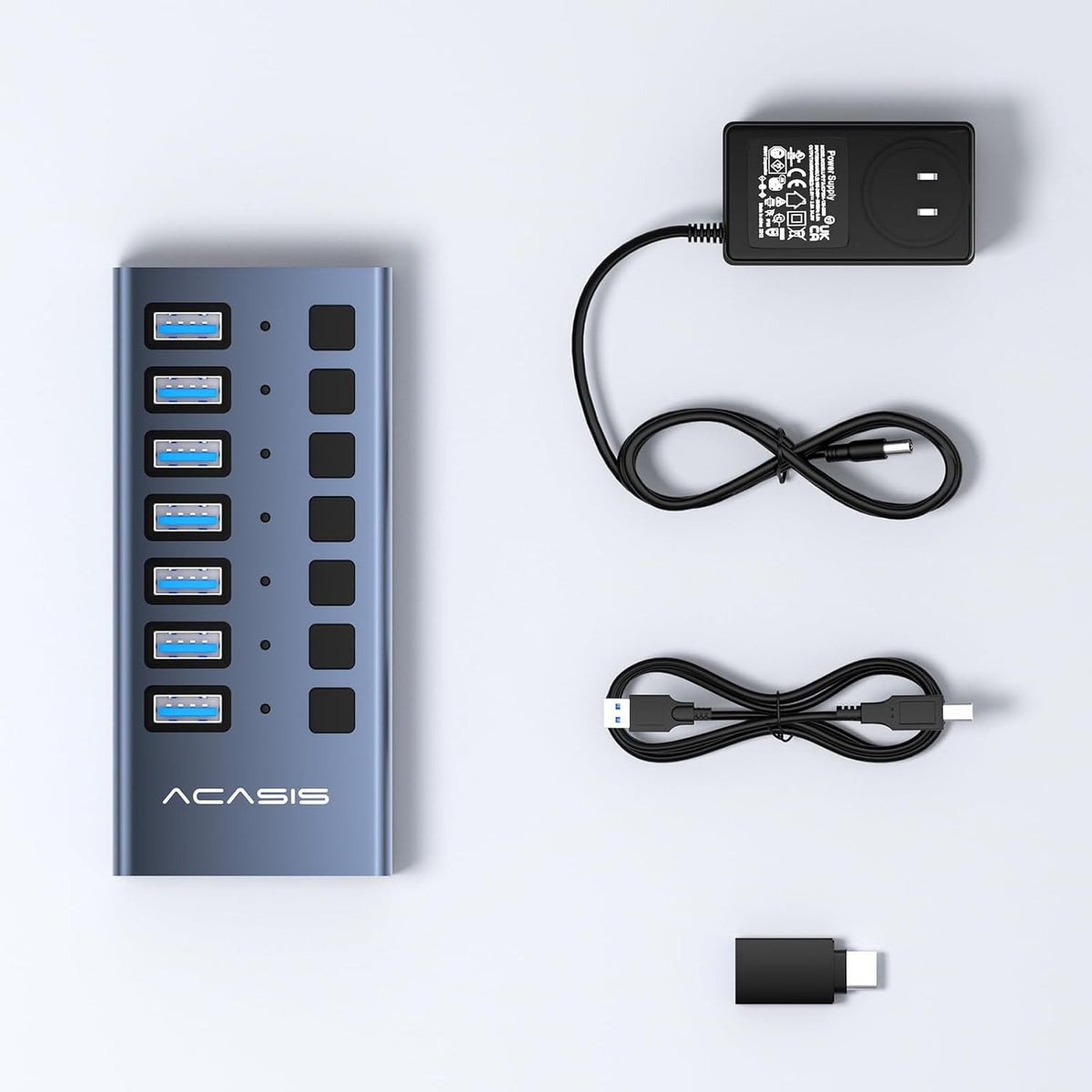 ACASIS Powered 7 Ports USB 3.2 Hub, 10Gbps Data Transfer, 24W Adapter | Individual On/Off Switch for Each Port • Aluminum Housing • Better Heat Dissipation • Plug & Play