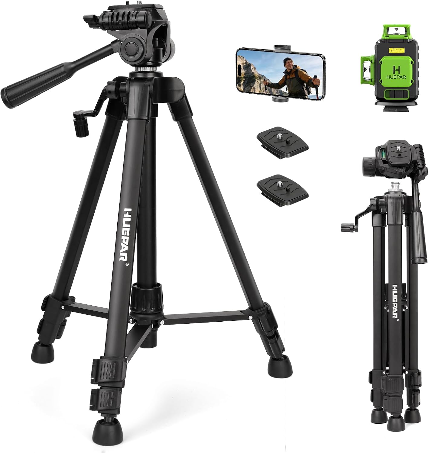 Laser Level Tripod, Huepar 47” Tripod for Cross Line Laser Distance Measures, Phone and Camera, Aluminum Professional Tripod Stand with 1/4" Thread Mount, Carry Bag and Phone Holder, ET11
