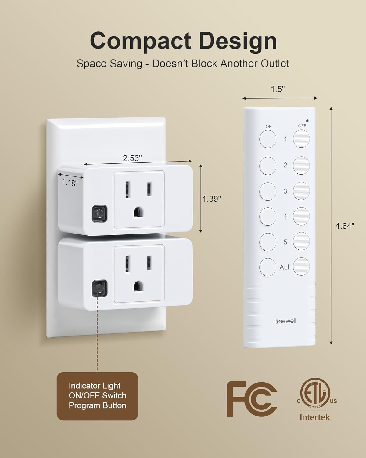 Wireless Remote Control Outlet, 200FT RF Range Remote Light Switch | Mini Remote Outlet Plug, All On/Off Switch, 15A/1875W, for Lamps/Lights/Household Appliances, FCC & ETL Listed