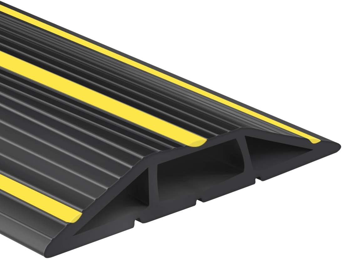 10Ft Cord Covers for Wires on Floor, 3-Channel PVC Floor Cable Cover for Small to Medium Wires, Anti-Slip Base with Yellow Warning Stripes, Indoor Floor Cord Cover for Home Office Events