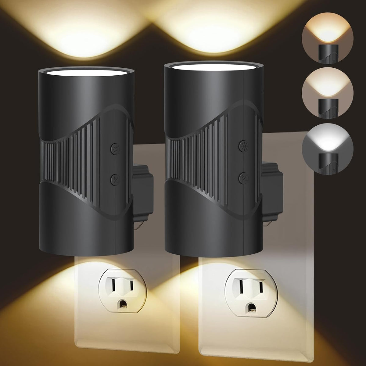 easuntec Night Lights Plug into Wall, Plug in Night Light, Night Light, Dusk to Dawn Light Sensor, 3 Light Modes, Dimmable Night Lights for Bedroom Bathroom Hallway Kitchen Stairs (Black, 2 Pack)