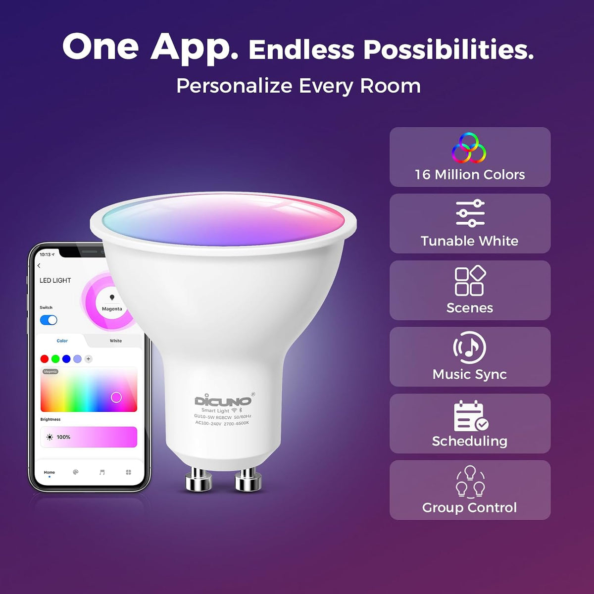 DiCUNO GU10 Smart LED Bulb, Color Changing, 50W Equivalent, 450LM, 4-Pack
