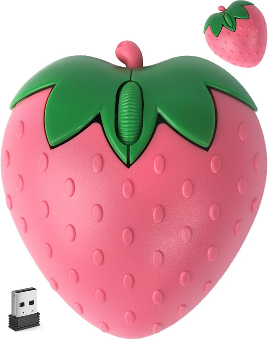 Wireless Bluetooth Mouse Cute Pink Fruit Strawberry Shape Silent Portable Lightweight USB Optical Cordless Dual Mode Mice for PC Laptop Computer Tablet Mac MacBook Pro Desktop Kids Girls Women Gift
