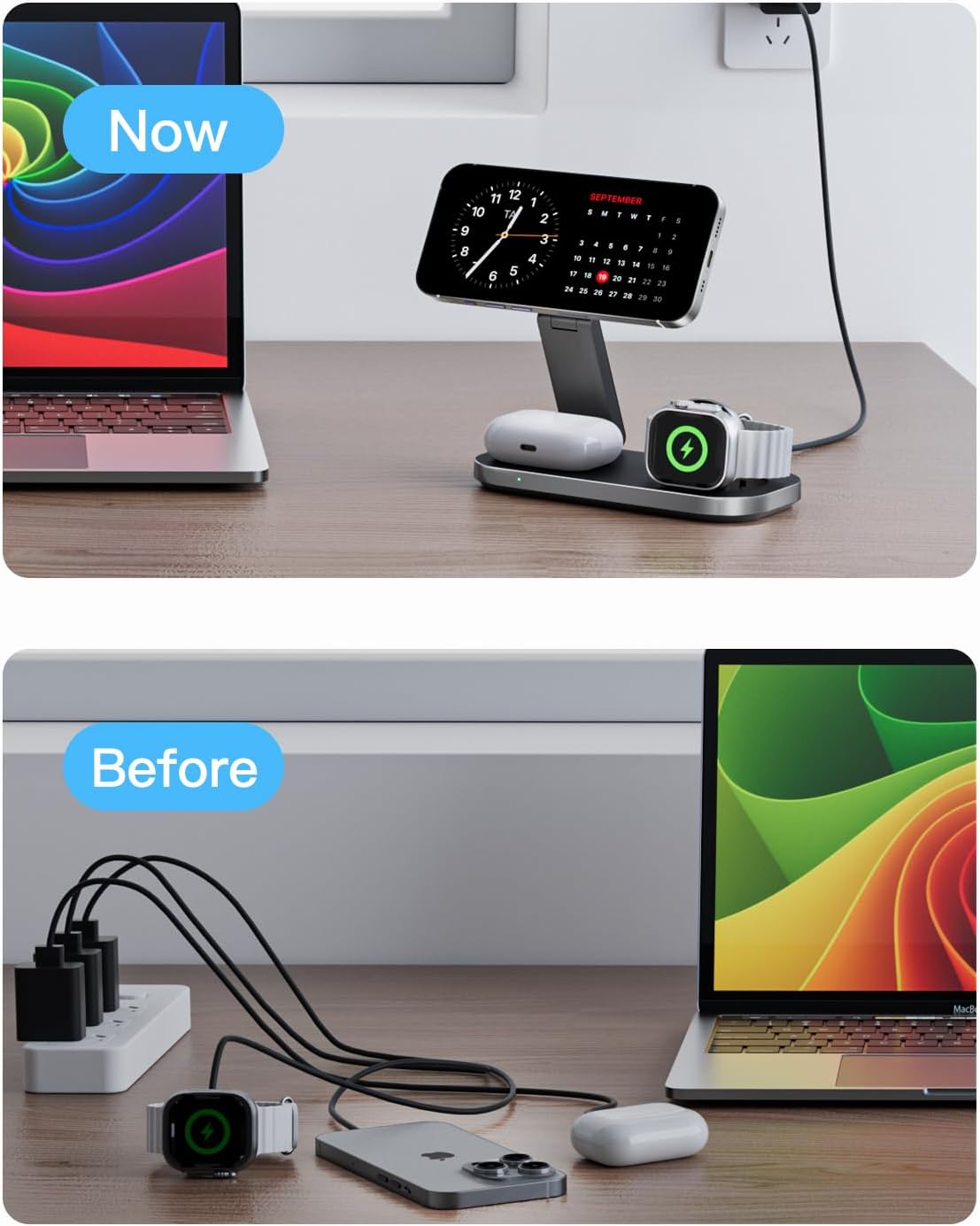 Keepro 3-in-1 Charging Station for Apple Device, Foldable Magnetic Wireless Fast Charger Stand Compatible with MagSafe for iPhone 17e/17/16/15/14/13/12/Air Series, Apple Watch & AirPods-Black