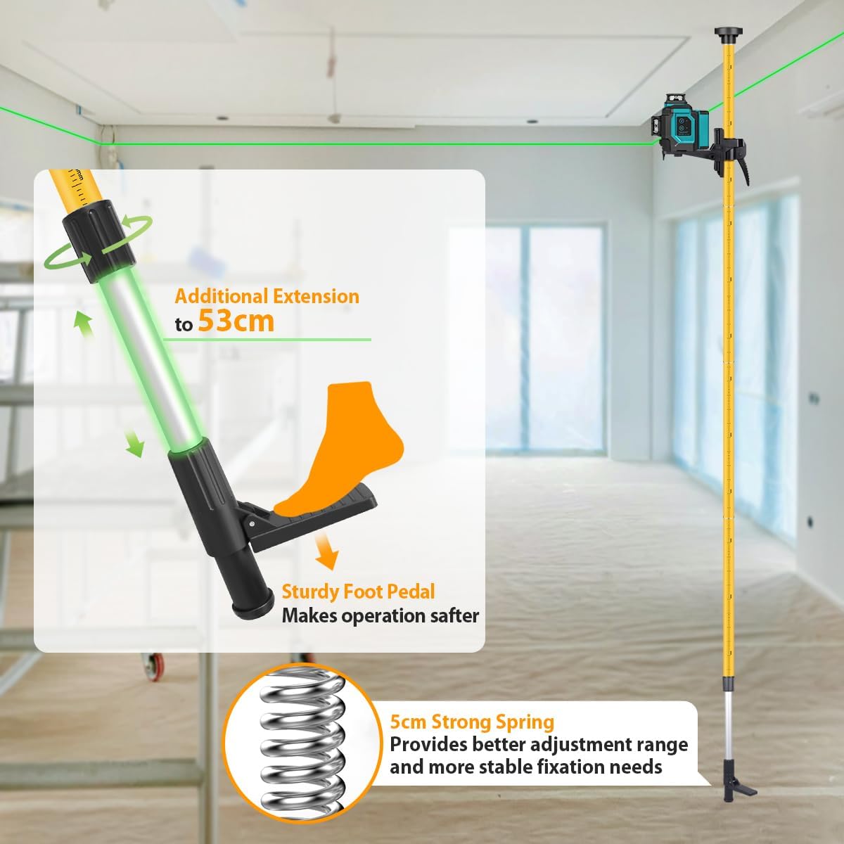 Takamine 12 Ft./3.7m Laser Level Telescoping Pole with Adjustable Tripod | 1/4-Inch by 20-Inch Laser Pole Mount,for Rotary and Line Lasers，Includes 5/8"-11 Adapter Nut