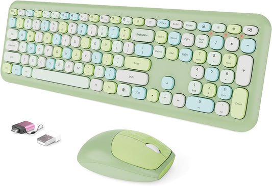Wireless Keyboard and Mouse Combo, Colorful Ergonomic Full Size Retro Low-Noise Keyboard with Cute keycaps, Compatible with Windows, PC, Perfer for Home and Office Keyboards (Green)