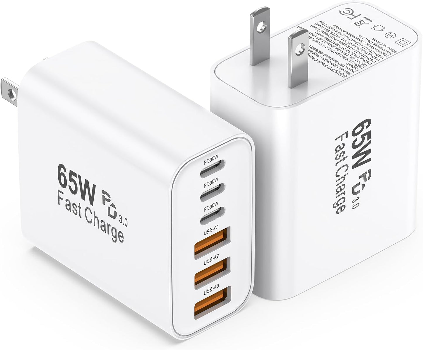 USB C Charger Block, 65W 6-Port Fast Charging Blocks 2-Pack | GaN USB C Wall Charger Plug for Multiple Devices, for iPhone 17/16/15/Pro Max, iPad, Galaxy S25