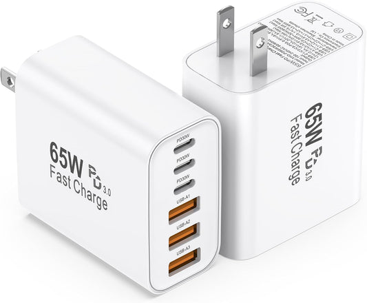 USB C Charger Block, 65W 6-Port Fast Charging Blocks 2-Pack | GaN USB C Wall Charger Plug for Multiple Devices, for iPhone 17/16/15/Pro Max, iPad, Galaxy S25