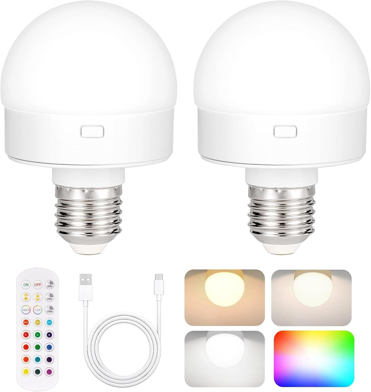 Yochoice Rechargeable Battery Operated Light Bulb with Remote, 2-Pack
