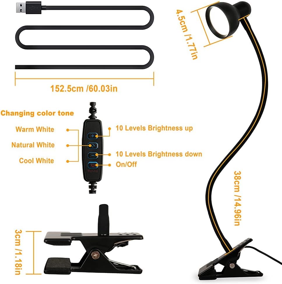 LiFMIRA Clip-on Reading Light - 3 Color Modes, 10 Dimmable Brightness,Black | Eye Care Clamp Desk Lamp with Flexible Gooseneck for Reading in Bed, Desk, Headboard, Computer