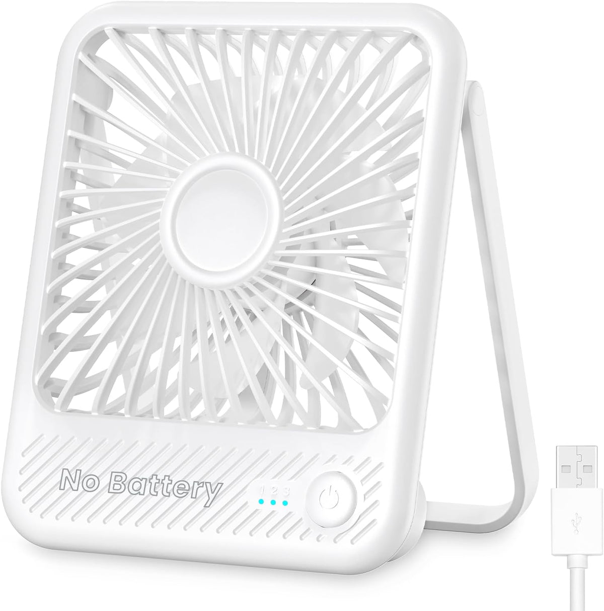Koonie USB Desk Fan, Strong Wind Ultra Quiet Small Mini Fan | 180° Tilt Folding & 3 Speeds Adjustable, USB-C Corded Powered Personal Fan for Office Desktop Bedroom, White, NO BATTERY