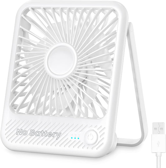 Koonie USB Desk Fan, Strong Wind Ultra Quiet Small Mini Fan | 180° Tilt Folding & 3 Speeds Adjustable, USB-C Corded Powered Personal Fan for Office Desktop Bedroom, White, NO BATTERY
