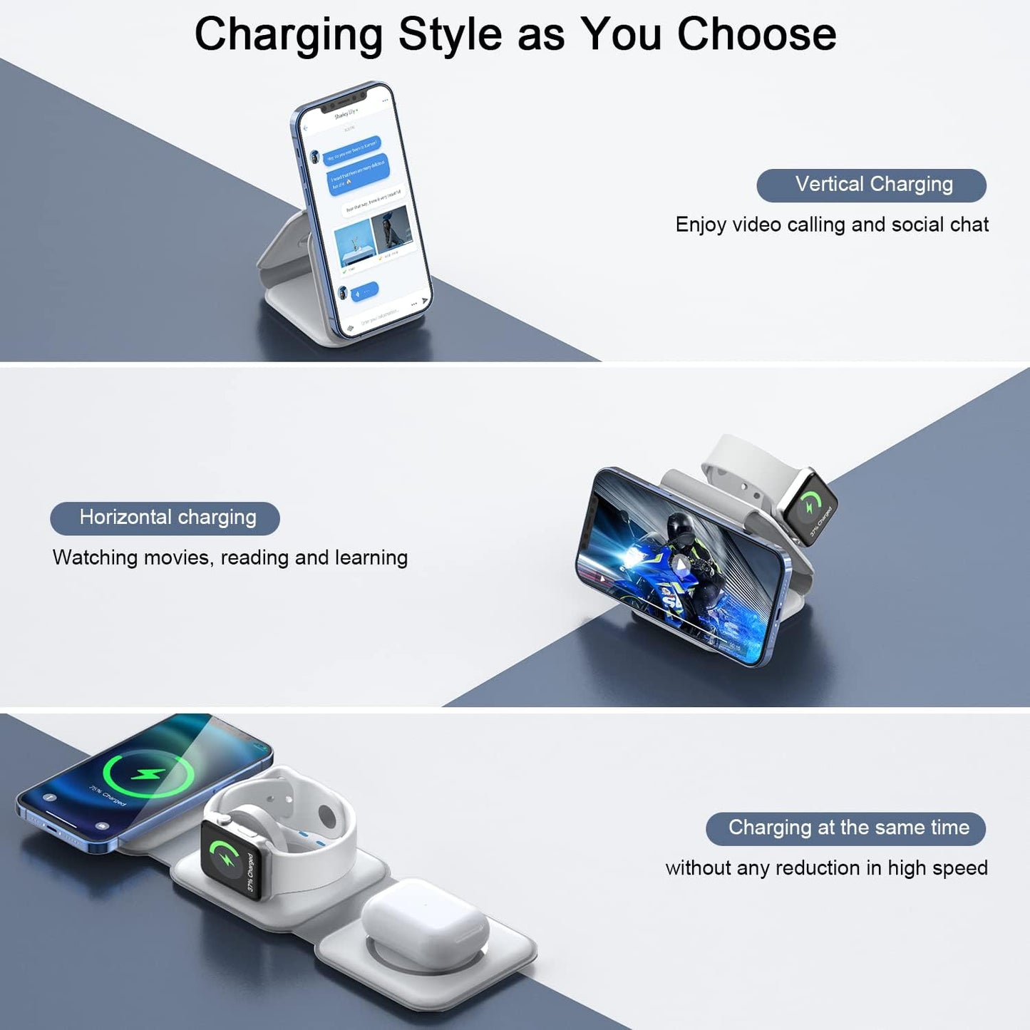 Wireless Charger 3 in 1,RTOPS Magnetic GaN Traval Wireless Charging Station Compatible with Apple Magsafe Multiple Devices for iphone17/16/15/14/13/Pro/Max,iWatch,AirPods4/3/2/Pro(Adapter Includes)