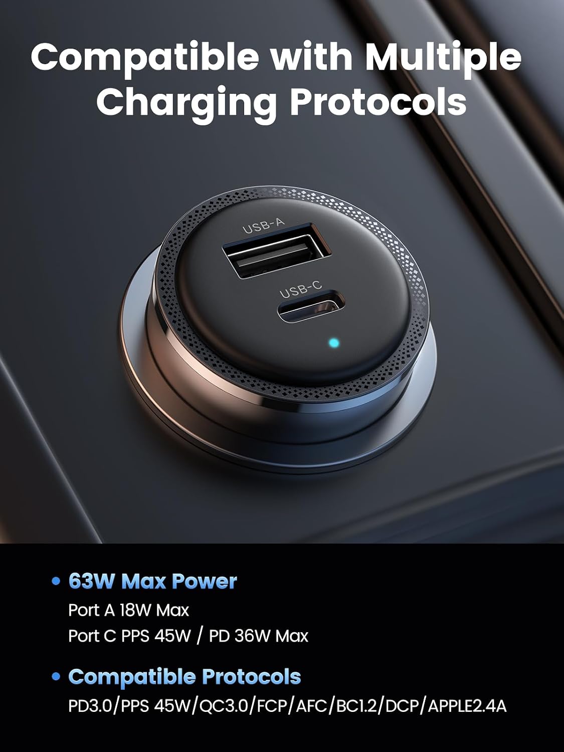UGREEN 63W 2-Port USB C Car Charger, Type C Cigarette Lighter Adapter | 1 USB-C 1 USB-A, Compatible with iPhone 17 Air 17 Pro 17 Pro Max 16 15 14 13 12, Galaxy S25 S24 S23 Ultra, iPad