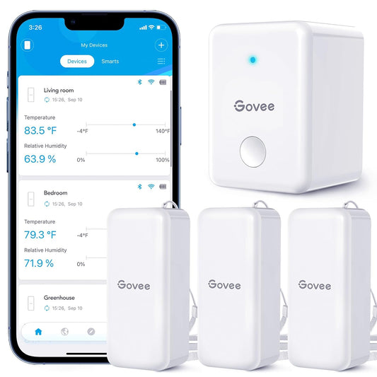 Govee Hygrometer Thermometer 3 Pack, Mini Humidity Sensor with Gateway | Indoor wireless smart temperature humidity monitor with APP alert, export 2-yr data, remote control for home/greenhouse