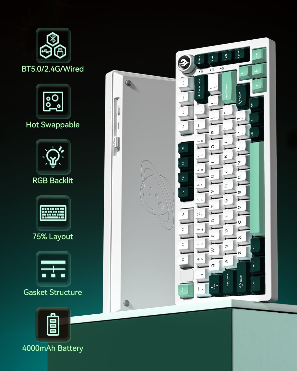 LEOBOG x Aula HI75C Pro PC Gaming Aluminum Alloy Keyboard,Bluetooth/USB-C/Wireless Tri-Modes Mechanical Keyboards,Hot Swappable Green Creamy Keyboard with Ice Vein Switch for Windows/Mac/Tablet Gamer
