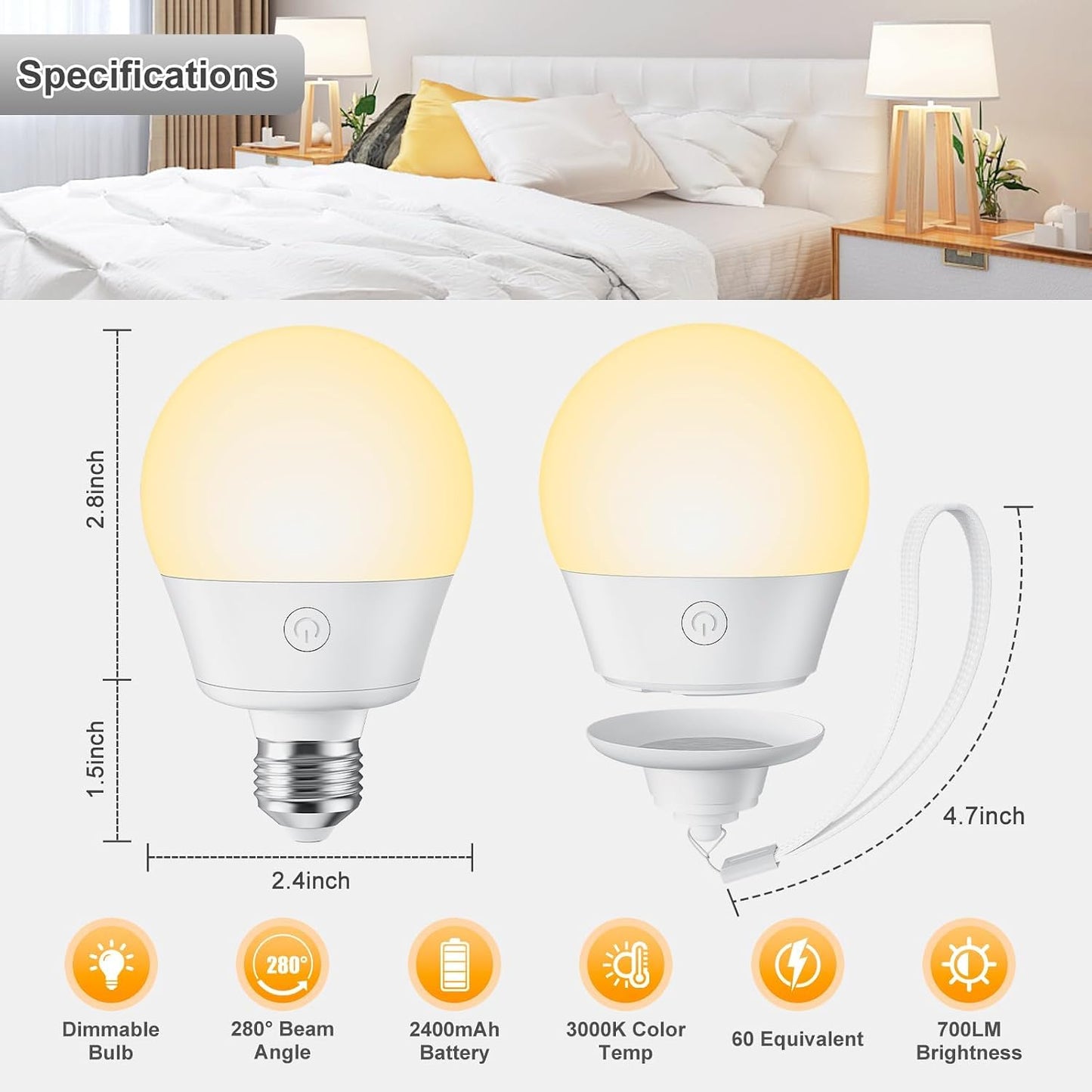 Brightown E26 Rechargeable Light Bulb with Remote and Timer | Magnetic Base, Battery Backup Bulb for Sconce, Lamps and Non-Hardwired Fixtures, 3 Color Temperatures + 9 RGB Colors, 2 Pack