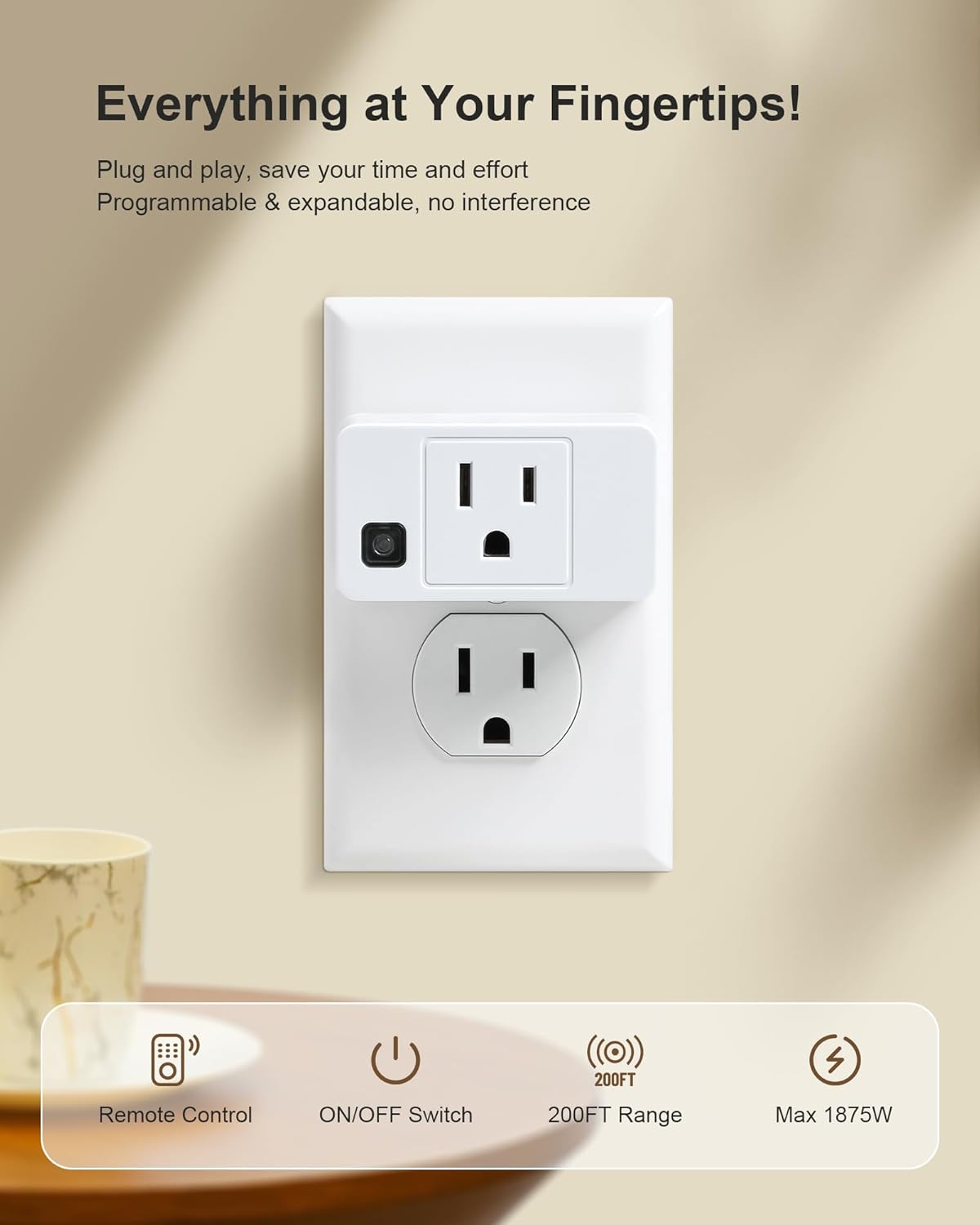 Wireless Remote Control Outlet, 200FT RF Range Remote Light Switch | Mini Remote Outlet Plug, All On/Off Switch, 15A/1875W, for Lamps/Lights/Household Appliances, FCC & ETL Listed