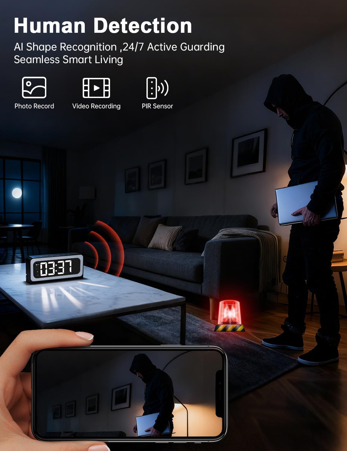 Clock Camera 2K, 5G&2.4G WiFi Indoor Security Camera, Cameras for Home Security, 3 in 1 Baby Camera with Alarm, Rechargeable Battery, pet Camera, Full Color Night Vision, Local Storage